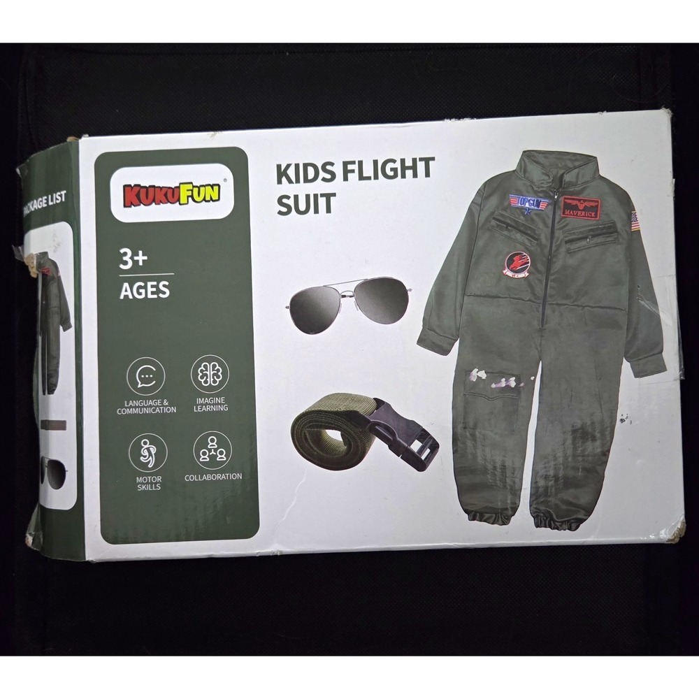 KukuFun Kids Green Top Gun Maverick Flight Suit Jumpsuit w/ Belt Sunglasses
